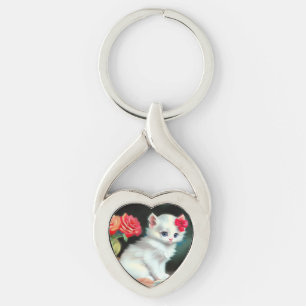 Chaveiro Ilustração Vintage White Kitten com Flores Vermelh