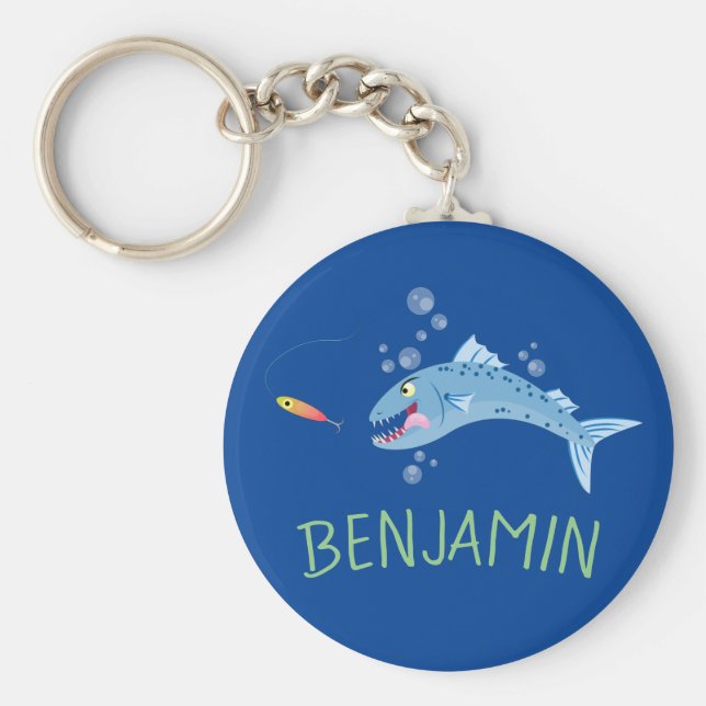 Chaveiro Imagem de desenho animado de pesca faminto em Barr (Frente)
