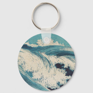 Chaveiro Impressão Antiga de Ondas do Oceano Azul em Xilogr