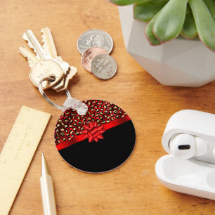 Chaveiro Impressão de leopardo vermelho, dourado e preto co