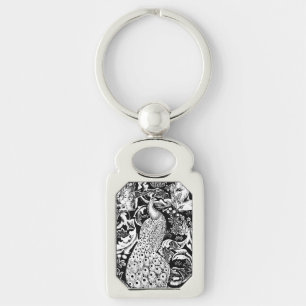 Chaveiro Impressão de Pavão Art Nouveau, Preto e Branco