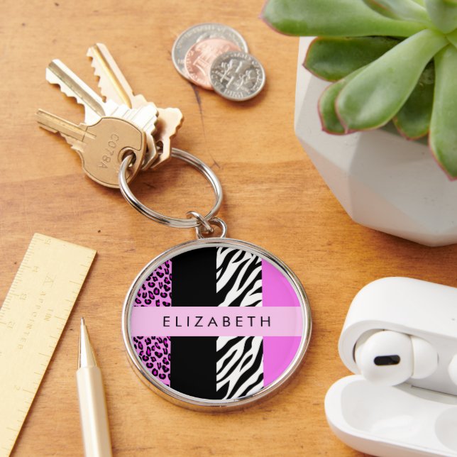 Chaveiro Impressão Leopardo, Impressão Zebra, Rosa, Seu Nom (Mesa)
