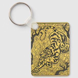 Chaveiro Impressão Vintage Art Nouveau Amarelo Tigre de Pau