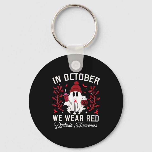 Chaveiro In October We Wear Red Ghost Teacher Dyslexia Awar (Frente)
