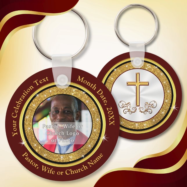 Chaveiro Inexpensive, Favors for Church Anniversary,  (Inexpensive Church party favors. Personalized Photo Keychains. Small gifts for church members. Gold.)