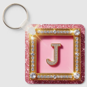 Chaveiro Inicial de Diamante J com Moldura Dourada e Brilho