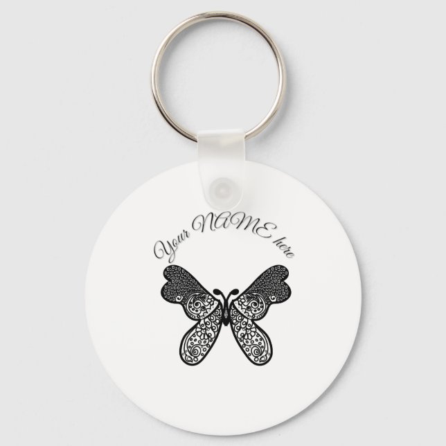 Chaveiro Intrincado Mandala Boho Borboleta Preto e Branco A (Frente)