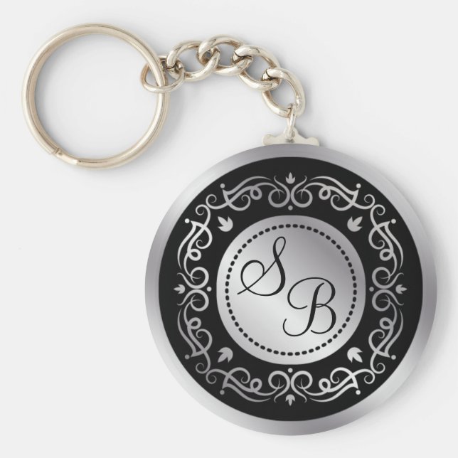 Chaveiro Inundações de prata em monograma preto de Casament (Frente)