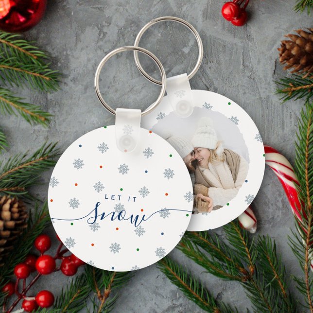 Chaveiro Inverno elegante Deixe-o nevar foto personalizada (Custom photo keychain with elegant snowflakes and dots - let it snow)