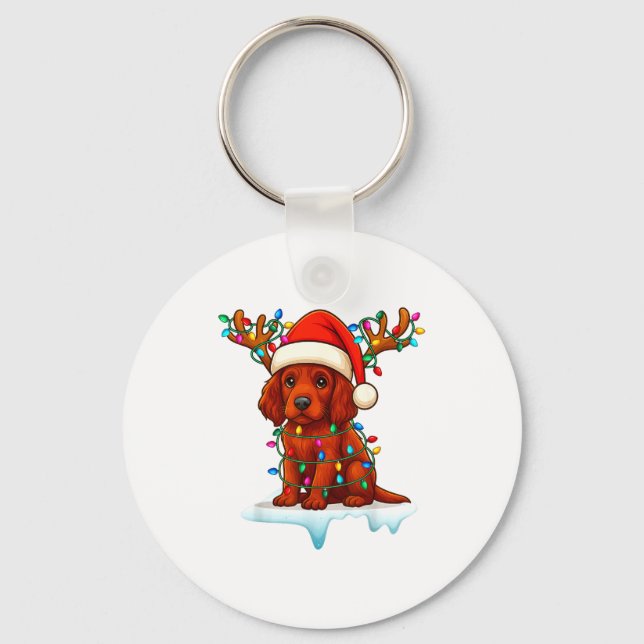 Chaveiro Irish Setter Christmas Santa Hat Reindeer Lights P (Frente)