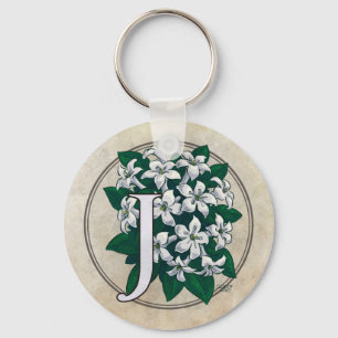 Chaveiro J para o monograma da flor do jasmim