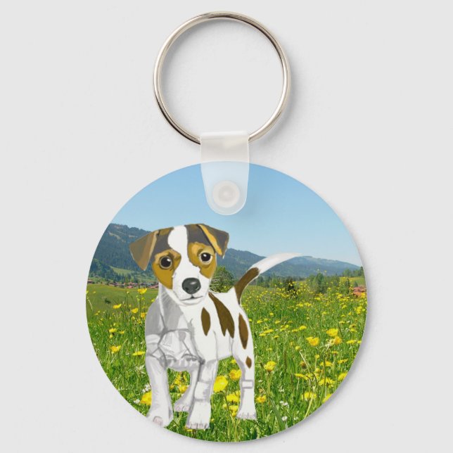 Chaveiro Jack Russell cachorrinho em um Prado Flor (Frente)