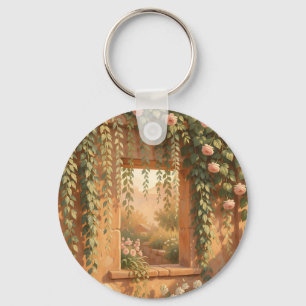 Chaveiro Janela de Pedra Coberta de Rosa Romântica Jardim