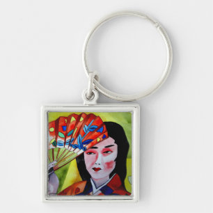 Chaveiro japanês Geisha com fã aquarela arte original
