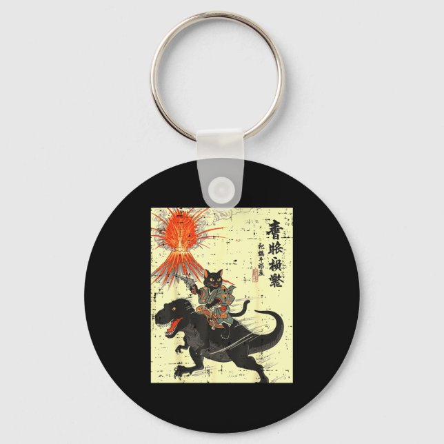 Chaveiro Japanese Black Cat On Trex Funny Ukiyo-e Boys Kids (Frente)