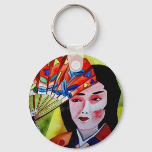 Chaveiro japonês Geisha com fã aquarela arte original