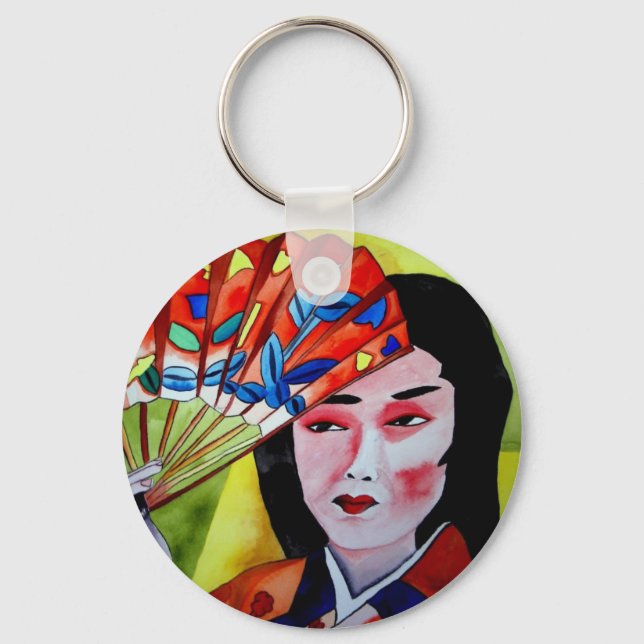 Chaveiro japonês Geisha com fã aquarela arte original (Frente)