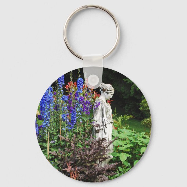 Chaveiro Jardim de flores e estátua de delfinium azuis (Frente)