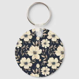 Chaveiro Jardim Floral Azul Marinho Vintage e Creme Branco