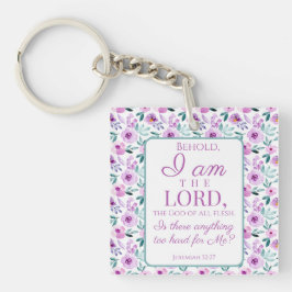Chaveiro Jeremiah 32:27 com fundo de flores roxas