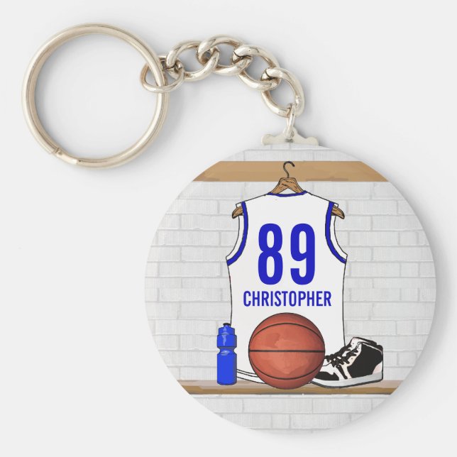 Chaveiro Jérsei de Basquete Branco e Azul Personalizado (Frente)