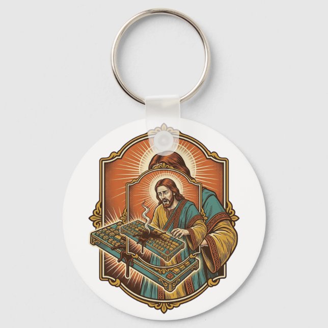 Chaveiro Jesus Café Derrama Teclado Mecânico Quebrado Tecno (Frente)
