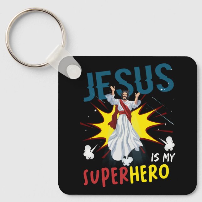 Chaveiro Jesus é meu super-herói, poderoso comi cristão. (Frente)