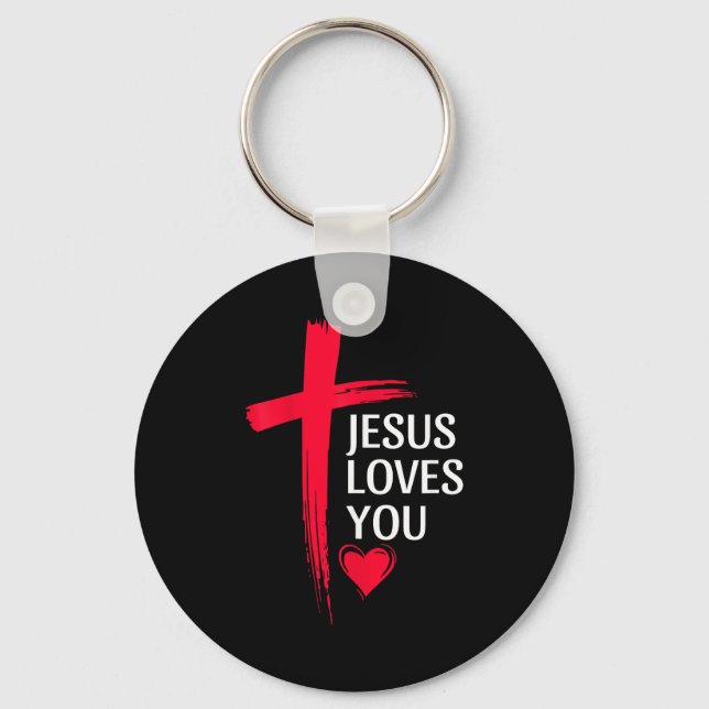 Chaveiro Jesus Loves You Christian Love Cross Heart Design  (Frente)