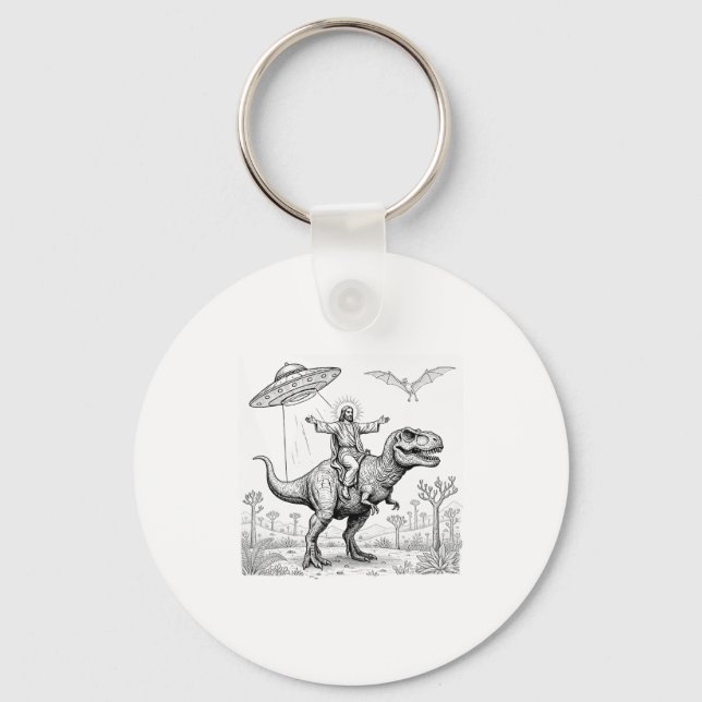 Chaveiro Jesus Riding Dinosaur T-rex Ufo Hunting Alien Sci- (Frente)