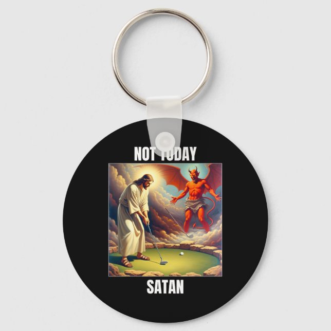 Chaveiro Jesus Vs Satanás Jogando Golfe - Não Hoje Satanás  (Frente)
