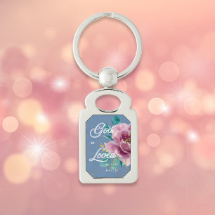 Chaveiro João 3:16 Deus tanto amou Floral Rosa Cristão
