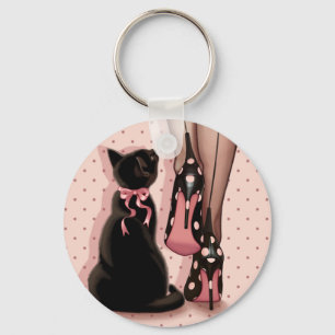 Chaveiro Jovem mulher elegante e gato preto