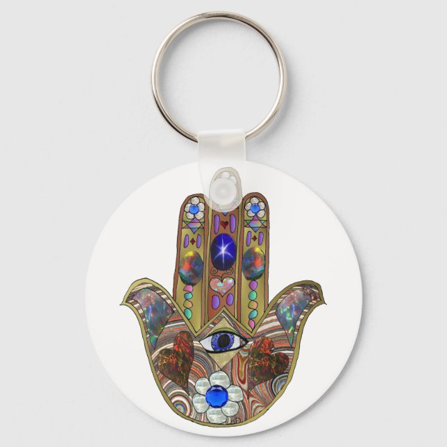 Chaveiro Judaica Hamsa Hearts Flowers Opal Art Impressão (Frente)