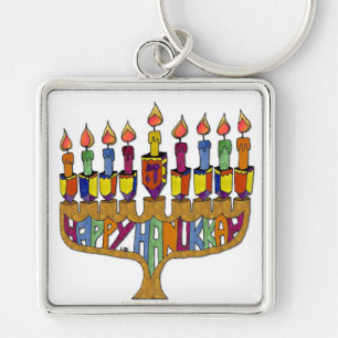 Chaveiro Judaica Happy Hanukkah Dreidel Menorah