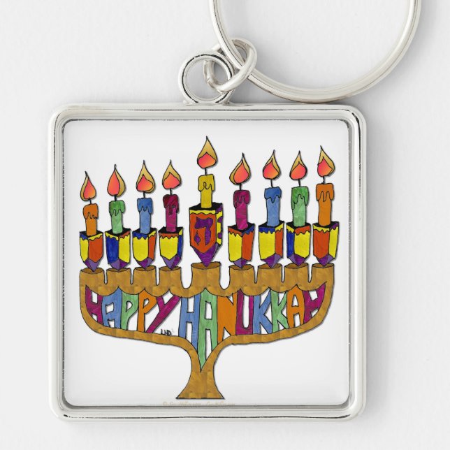 Chaveiro Judaica Happy Hanukkah Dreidel Menorah (Frente)