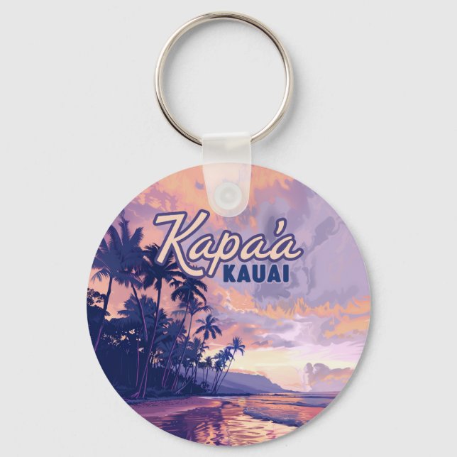 Chaveiro Kapaa Kauai Hawaii Beach Sunset Palm Tree Retro (Frente)