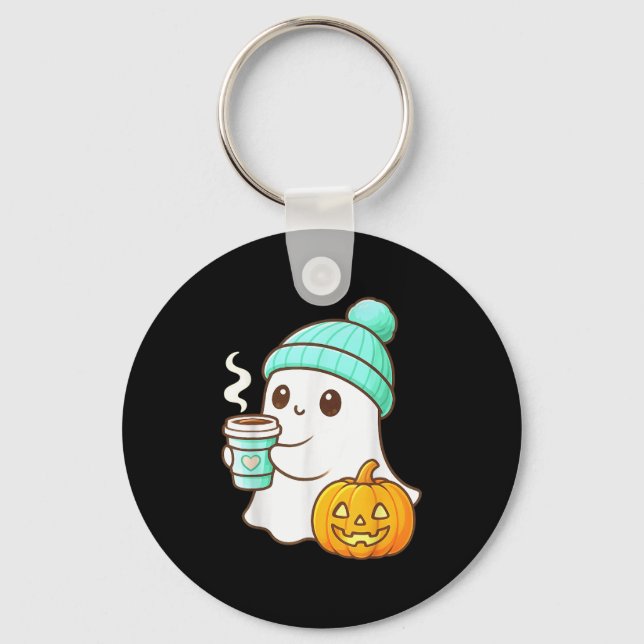 Chaveiro Kawaii Ghost With Pumpkin Coffee Cozy Halloween Au (Frente)