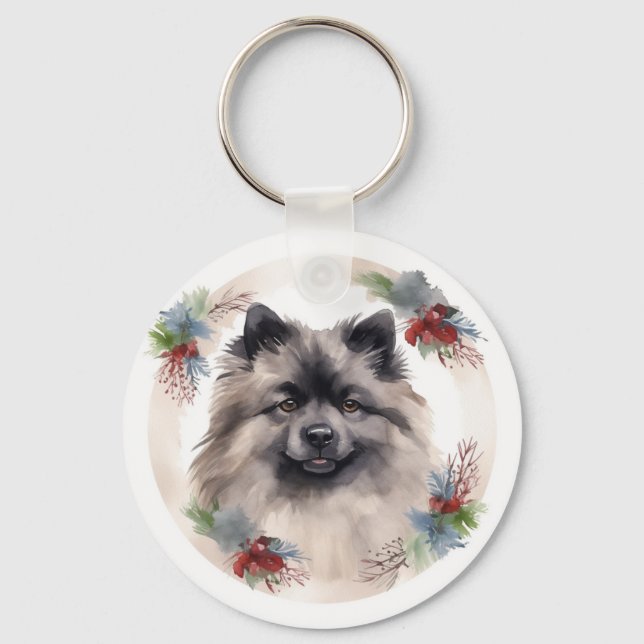 Chaveiro Keeshond Christmas Wreath Festivo Pup (Frente)