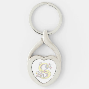 Chaveiro Keyring da letra inicial S das flores dos coraçõ