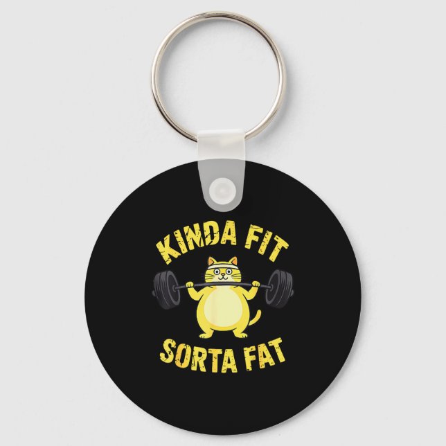 Chaveiro Kinda Fit Sorta Fat - Funny Gym Cat Weightlifting  (Frente)
