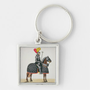 Chaveiro Knight na armadura em seu cavalo, placa 'de um