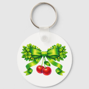 Chaveiro Laço de Trevo Sortudo com Cerejas no Design Verde