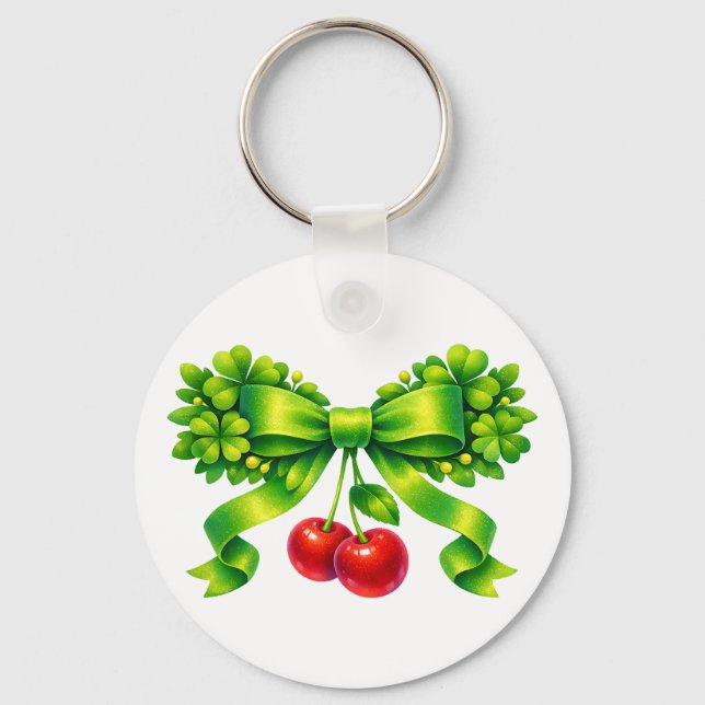 Chaveiro Laço de Trevo Sortudo com Cerejas no Design Verde (Frente)