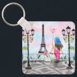 Chaveiro Lady with Pink Balloon Keychain - I Love Paris<br><div class="desc">Pretty Woman with Pink Heart Balloon - I Love Paris - Eiffel Tower Romantic Drawing - Choose / Add Your Unique Text / Font / Color - Make Your Special Gift - Resize and move or remove and add elements - Image / text with customization tool ! - Drawing and...</div>