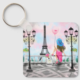 Chaveiro Lady with Pink Balloon Keychain - I Love Paris