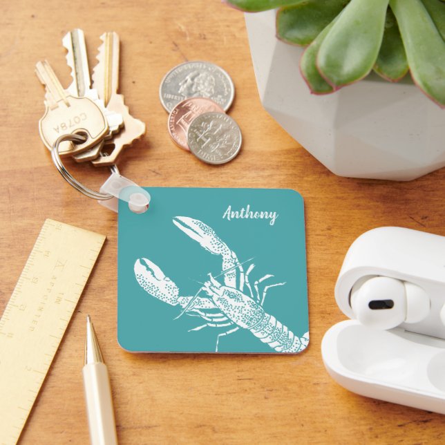 Chaveiro Lagosta Branca e Azul-Teal Personalizada (Mesa)