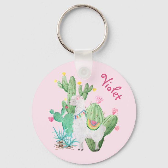Chaveiro Lama branca e Cactus w Flores - Pastel rosa (Frente)