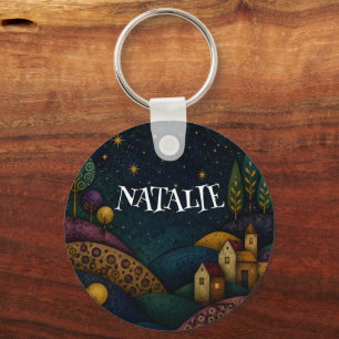 CHAVEIRO LANTERNA PERSONALIZADA SOB UM CÉU ESTRELADO AZUL