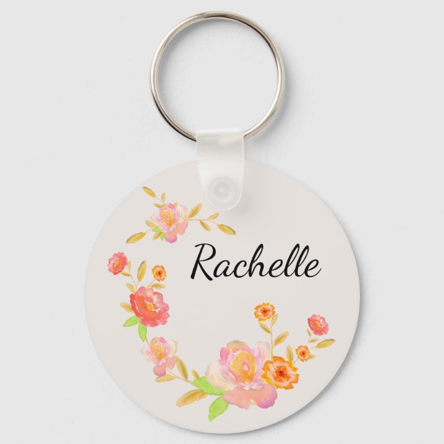 Chaveiro Laranja Feminina & Floral Monogramada Rosa (Frente)