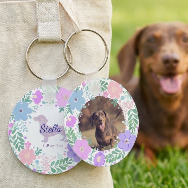 Chaveiro Lavender Dachshund Custom Photo & Name - Floral  (Criador carregado)